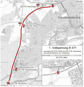 Ausschnitt einer Straßenkarte mit der markierten Sperrung. Die Sperrung geht auf der B471 von AS FFB/Mitte über AS FFB/West, AS FFB/Industriestraße bis AS FFB/Buchenau