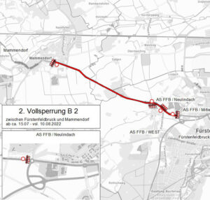 Ausschnitt einer Straßenkarte mit der markierten Sperrung. Die Sperrung von Mammendorf(Aldi Kreisel) bis Fürstenfeldbruck(Kreisel am Hagebaumarkt)